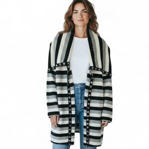 BAR by Melis Kozan Cardigan Striped Open Front Shawl Collar Grommet Accents M